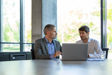 Mature businessman using a digital tablet to discuss information with a younger colleague in a...