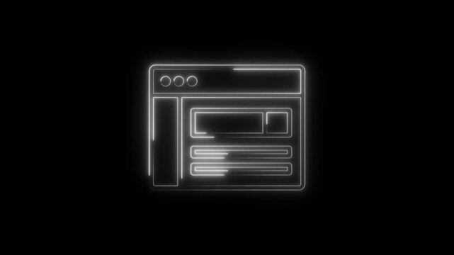 Website wireframe interface animation glowing neon outline on black background,web design elements