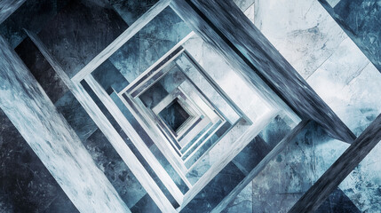 Fototapeta premium Abstract geometric staircase with modern marble texture, creating a hypnotic spiraling visual effect in blue tones.