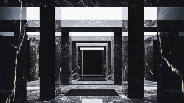Dark marble hallway with geometric pillars, infinite reflections, and a modern minimalist architectural style, abstract perspective.