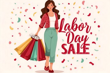 Fototapeta premium Flat style digital illustration of a cheerful woman carrying colorful shopping bags and large red banners with 