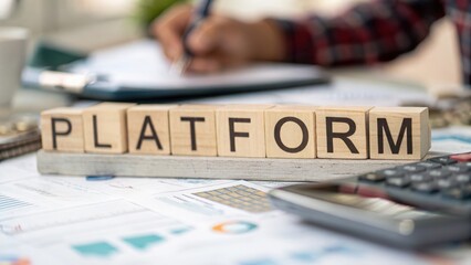 Wooden blocks spelling "PLATFORM" on surface with blurred SaaS tools or interface
