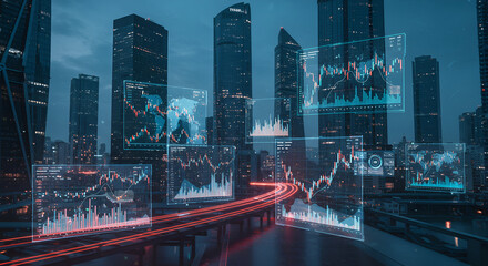 Futuristic cityscape displays global stock market charts and data overlays, showcasing financial technology and urban finance concepts.