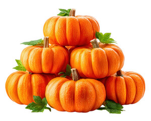 Obraz premium Stacked pumpkins with green leaves, vibrant orange color, autumn harvest, fresh and cheerful seasonal decoration, isolated on transparency background