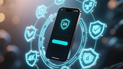 Smartphone displaying two factor authentication with glowing security shields and data network mobile phone