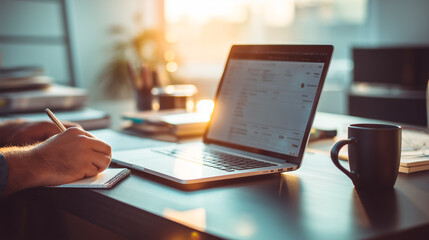 hotorealistic scene of a professional adult taking an online upskilling course at a modern desk. Laptop with training interface, notes, coffee mug, clean workspace, soft lighting
