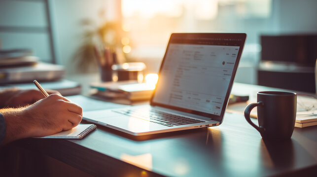 hotorealistic scene of a professional adult taking an online upskilling course at a modern desk. Laptop with training interface, notes, coffee mug, clean workspace, soft lighting