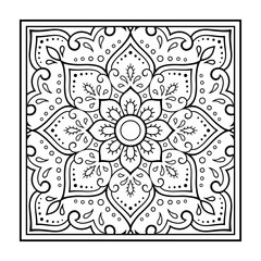 Decorative pattern of flowers and paisley for printing on fabric. Ornament for a bandana, a silk neckerchief, a tablecloth or a kerchief. Square sketch in tribal or oriental style.