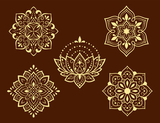 Set of Mehndi flower pattern for Henna drawing and tattoo. Decoration in ethnic oriental, Indian style. Doodle ornament. Outline hand draw vector illustration.