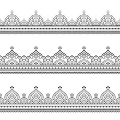 Set of Seamless borders pattern for Mehndi, Henna drawing and tattoo. Decoration in ethnic oriental, Indian style. Doodle ornament. Outline hand draw vector illustration.