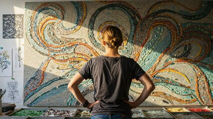 Woman artist admiring her large mosaic artwork in a sunlit studio. Creative process and handmade craft. - Powered by Adobe