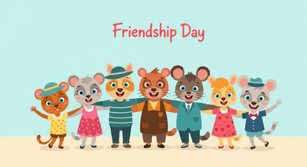 Fototapeta premium Cute Animal Friends Celebrating Happy Friendship Day Together
