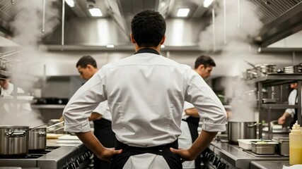 Rear view of a male head chef supervising his team in a busy professional restaurant kitchen. Culinary experts at work in a steamy, fast-paced environment.