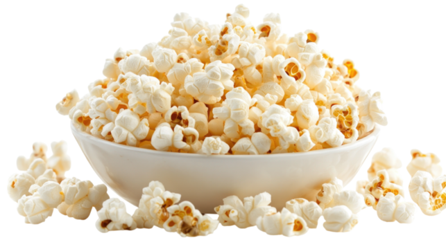 Freshly popped popcorn in a white bowl with scattered kernels on a transparent background cutout png