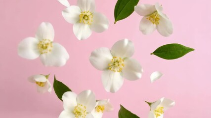 Floating arrangement of white jasmine flowers, green leaves, and petals against a soft pink background in a minimalist composition. - Powered by Adobe