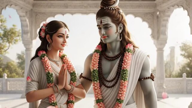 shiv parvati - A serene moment between a woman and a deity in traditional attire, surrounded by floral decorations, set in an ornate temple courtyard with soft sunlight filtering through