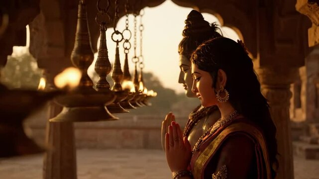 shiv parvati - A serene moment of prayer at sunset, showcasing a woman in traditional attire, surrounded by ornate hanging lamps, with a historic temple backdrop and soft golden light