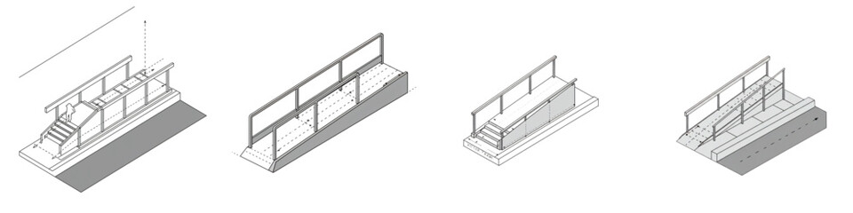 curb ramp plate.  Collection of technical drawings for various wheelchair ramp designs emphasizing accessibility features
