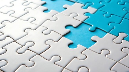 Close up of white and blue puzzle pieces fitting together on a bright background