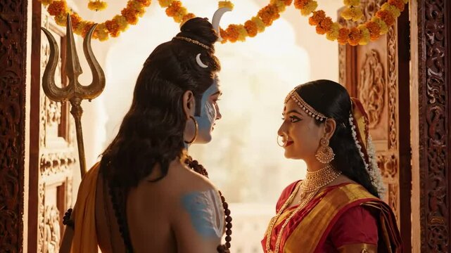 shiv parvati - A serene moment between two deities in a beautifully adorned temple doorway, surrounded by vibrant marigold garlands, symbolizing love and devotion in a festive setting