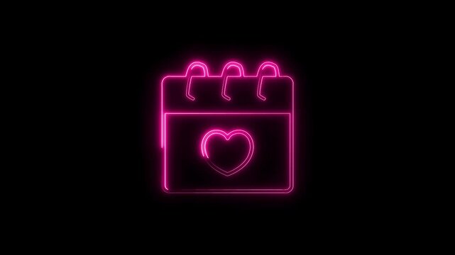 Glowing pink neon heart calendar animation on black background for valentines day concepts