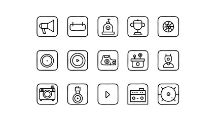 Set of Media and Technology Icons in Black and White Outline Style