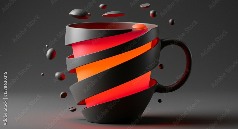 Fototapete abstract rendering showcasing a black coffee mug adorned with radiant red light and minimalist black