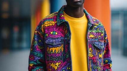 Artistic Expression in Fashion: A captivating portrait of a person showcasing a vibrant, art-inspired jacket, with an eye-catching yellow top. This image exudes personality and stylish statement.