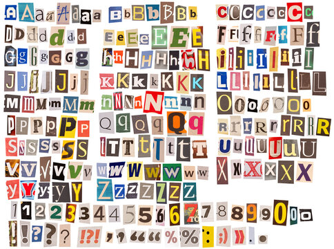 Collage of cut-out letters, numbers, and symbols on white.