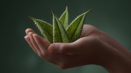 Hands holding unique green spiky seed pods of an exotic plant.