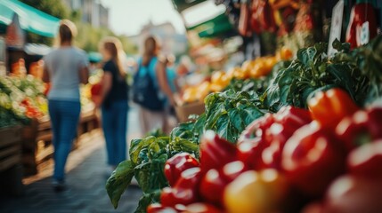 Blurred outdoor market scene with fresh produce