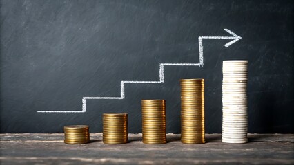Stacks of gold coins forming a growth chart with an upward arrow drawn on a blackboard