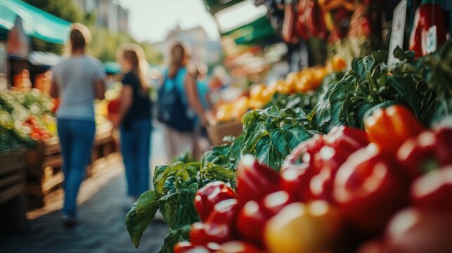 Blurred outdoor market scene with fresh produce