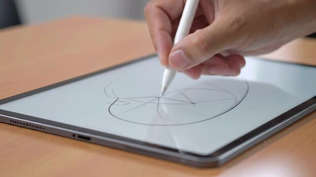 Hand using stylus on tablet, drawing basic shapes on screen