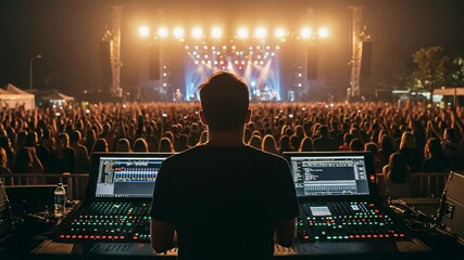 Sound engineer at a mixing console during a live music concert. Audio technician working at an outdoor festival in front of a large crowd and stage.
