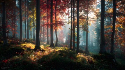Fototapeta premium Enchanting autumn forest colorful fall foliage misty morning fog sunbeams filtering through trees moody seasonal woodland scene ideal for landscape photography