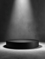 Dark, circular podium under spotlight on textured wall