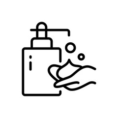 Hand Sanitizer Outline Icon. Washing hand with sanitizer liquid soap. Illustration of cleanser, detergent, shampoo, liquid soap, gel. Isolated vector symbol of cleaning and cleanliness