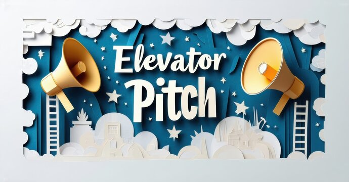 Papercraft illustration depicts Elevator Pitch text. Megaphones flank cityscape, clouds above. Blue background, white frame surrounds design.