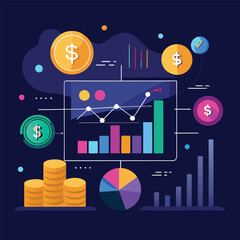 Financial growth illustration depicting charts graphs dollar signs and coin stacks on a dark blue background