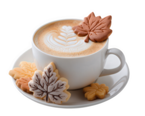 Latte art leaf shaped cookie autumn theme white cup saucer creamy foam cozy sweet treat dessert warm drink inviting