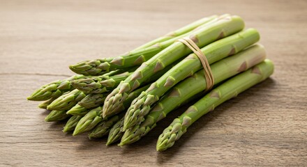 A bundle of fresh green asparagus tied with a rubber band on a textured wooden surface close up view