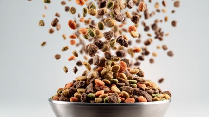 Dry Food Cascading Into Bowl Captured Mid-Air Against a Light Background Showcasing Dynamic Motion and Texture