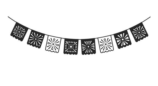Black and white papel picado banner on a transparent background