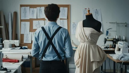 Back view of a male fashion designer looking at a dress on a mannequin. Creative process in a fashion studio with sketches and sewing machines. - Powered by Adobe