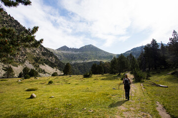 Fototapeta premium Young hiker woman in Vall de Boi, Aiguestortes and Sant Maurici National Park, Spain
