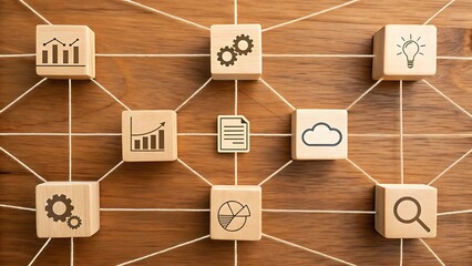 Wooden blocks with business icons connected by strings on a wooden background