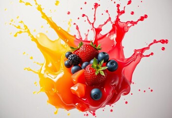Vibrant splashes of watermelon, strawberry, blueberry, and mango juices collide in mid-air,  cocktail,  juice splash