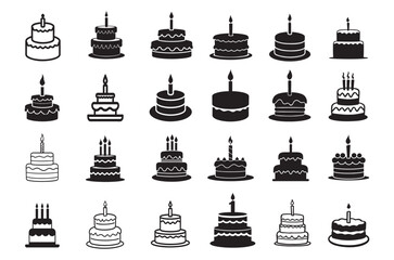 Cake line icon set. Vector pictograms of birthday cakes. Birthday food Cake silhouette set.