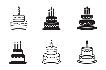 Cake line icon set. Vector pictograms of birthday cakes. Birthday food Cake silhouette set.